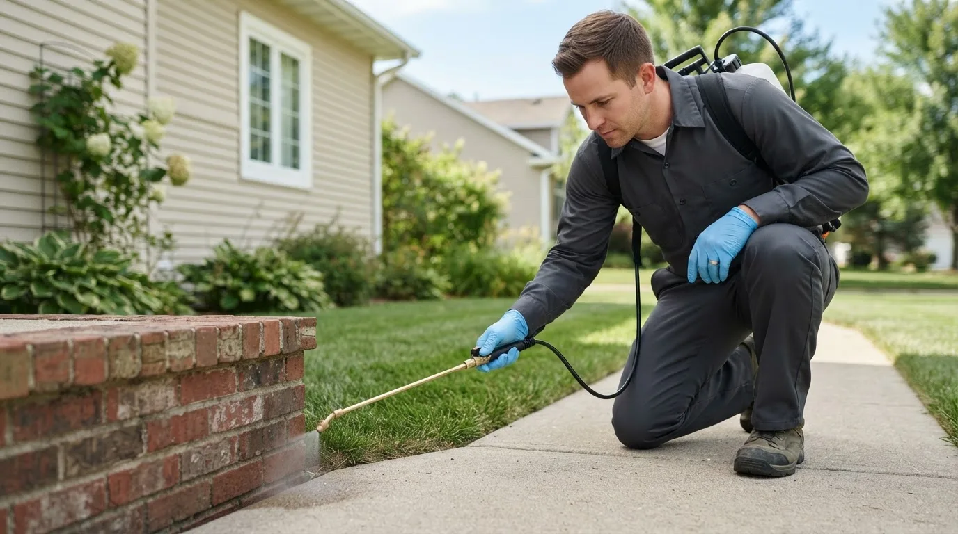 Pest control technician treating a home near Herndon, KS